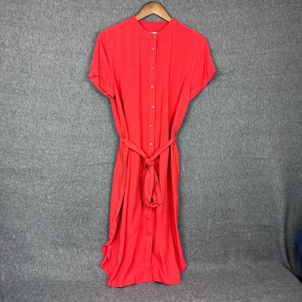 Loft Button Front Shirt Dress Bright Red Pockets Sz M Midi Casual Comfort